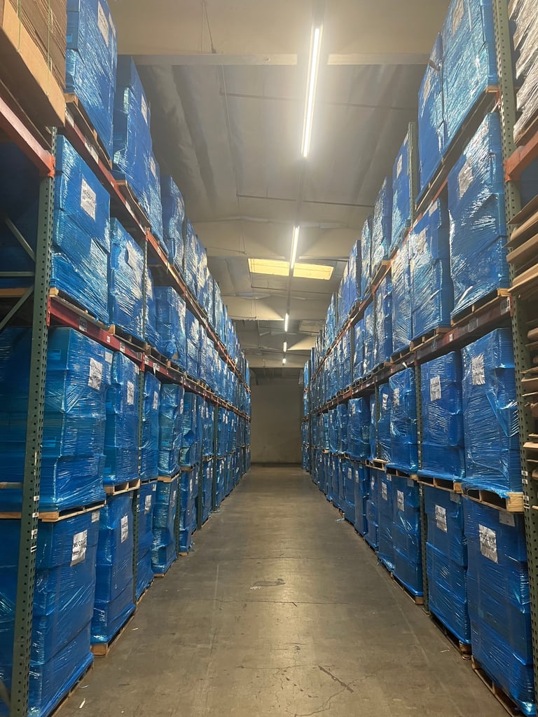 Warehouse aisle with blue-wrapped pallets stacked on metal shelving on both sides, fluorescent lighting overhead